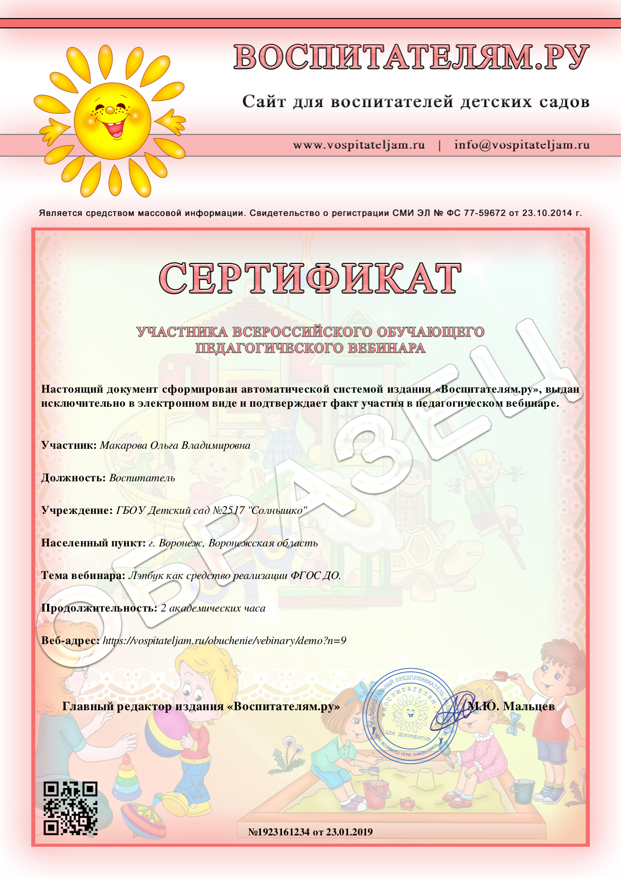 Сертификат. Участие в обучающем педагогическом вебинаре.